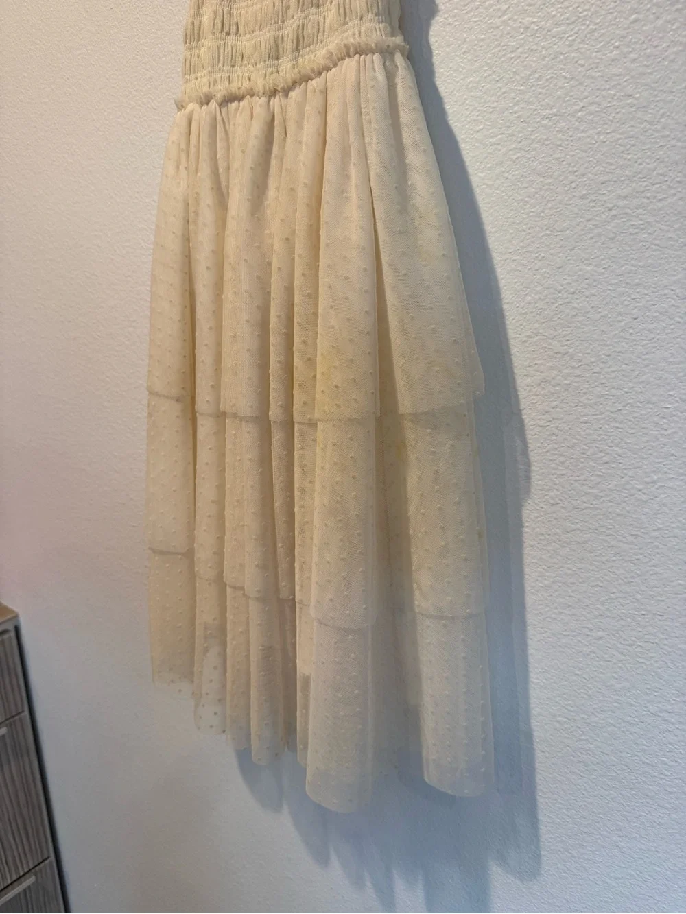 Cream Tiered Tulle Dress with Puff Sleeves for Girls